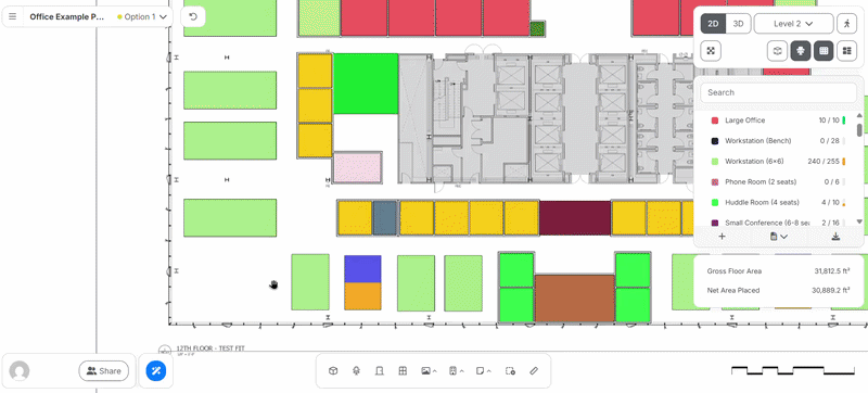 Animated Live Blocking demonstration showing colored space blocks arranged on a floor plan while program quantities update